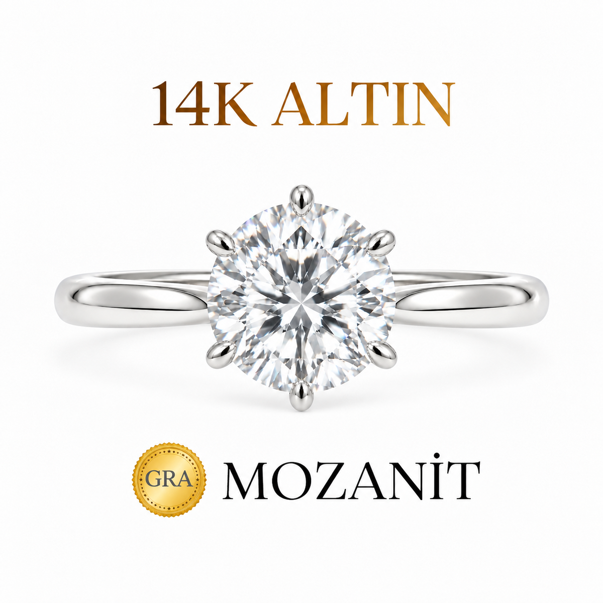 14K 4 Karat Mozanit 6 Tırnak Tektaş Yüzük