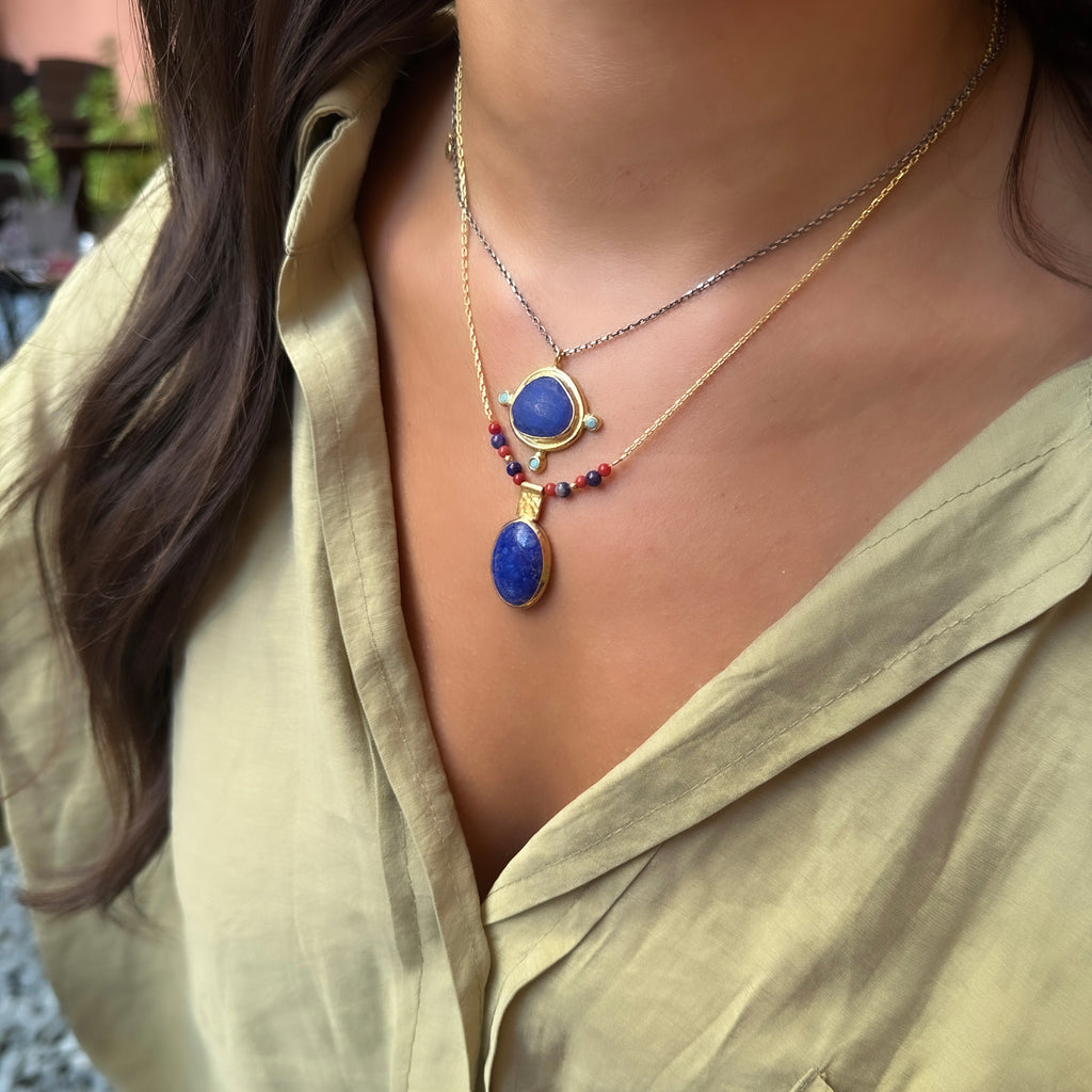 Lapis ve Turkuaz Taşlı Doğal Taş Kolye