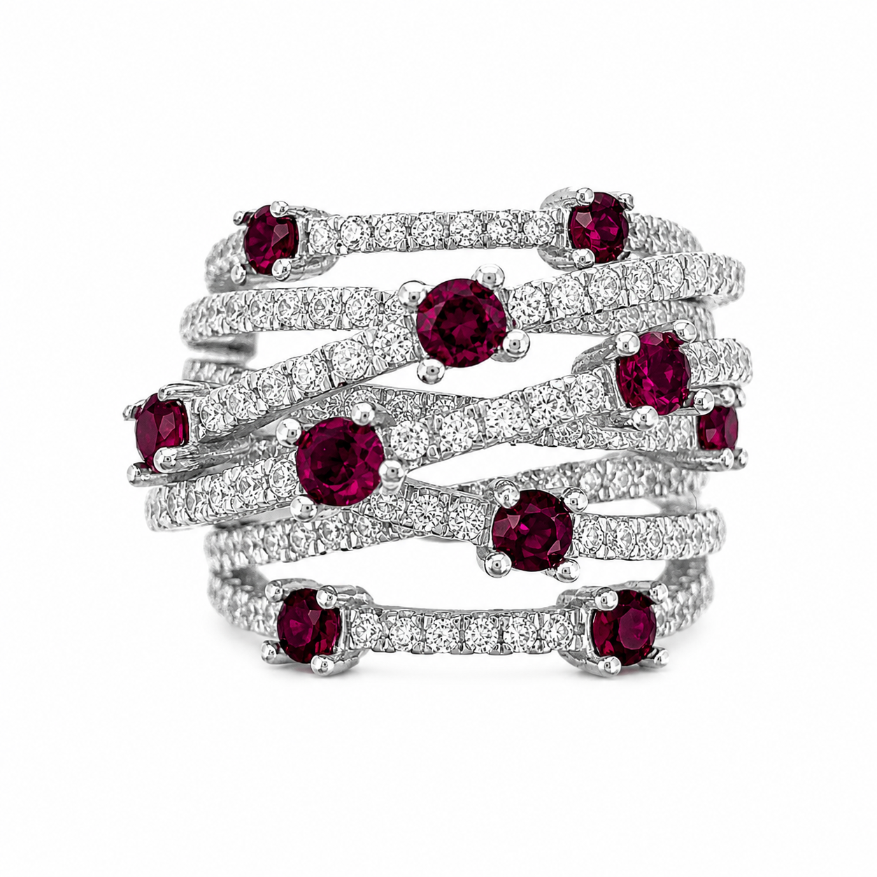 Fuchsiafarbener Ring mit Kreuzmuster und kleinen Steindetails