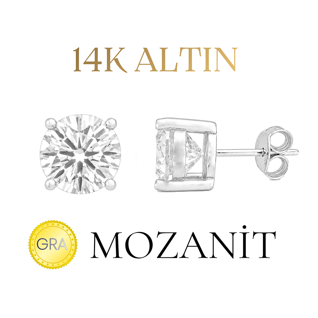 14K Mozanit 8 mm Tektaş Küpe