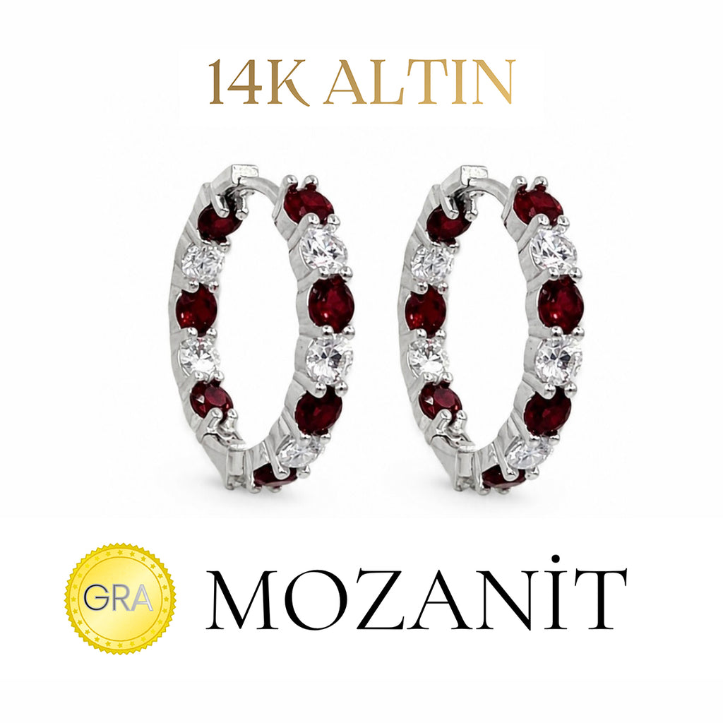 14K Mozanit Orta Boy Bordo Taşlı Halka Küpe