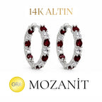 14K Mozanit Orta Boy Bordo Taşlı Halka Küpe