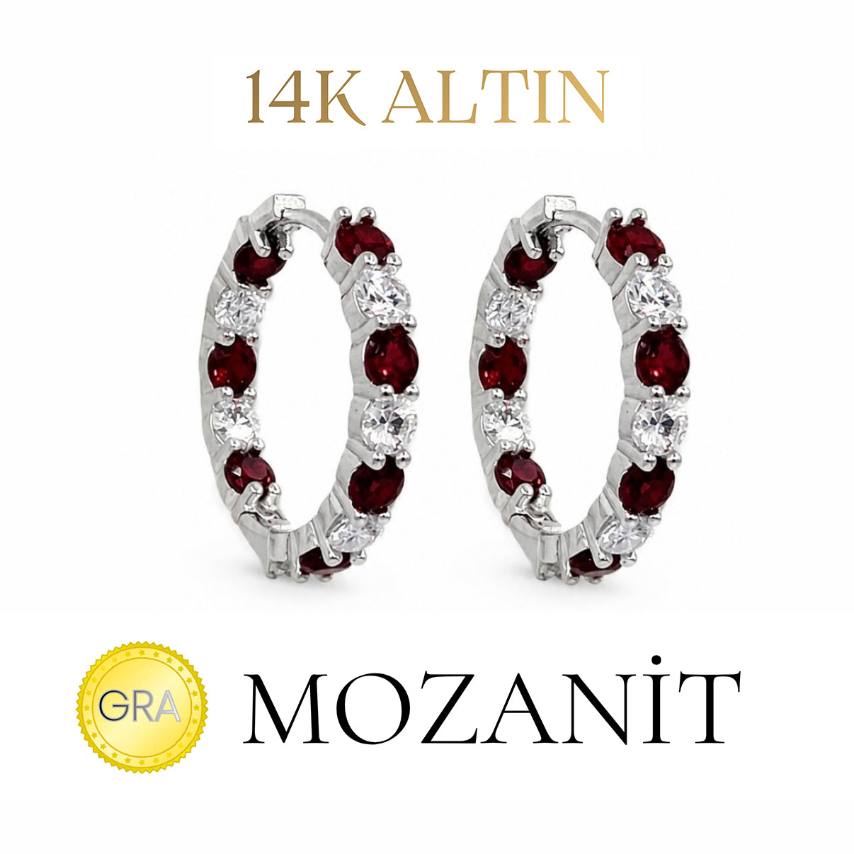 14K Mozanit Orta Boy Bordo Taşlı Halka Küpe