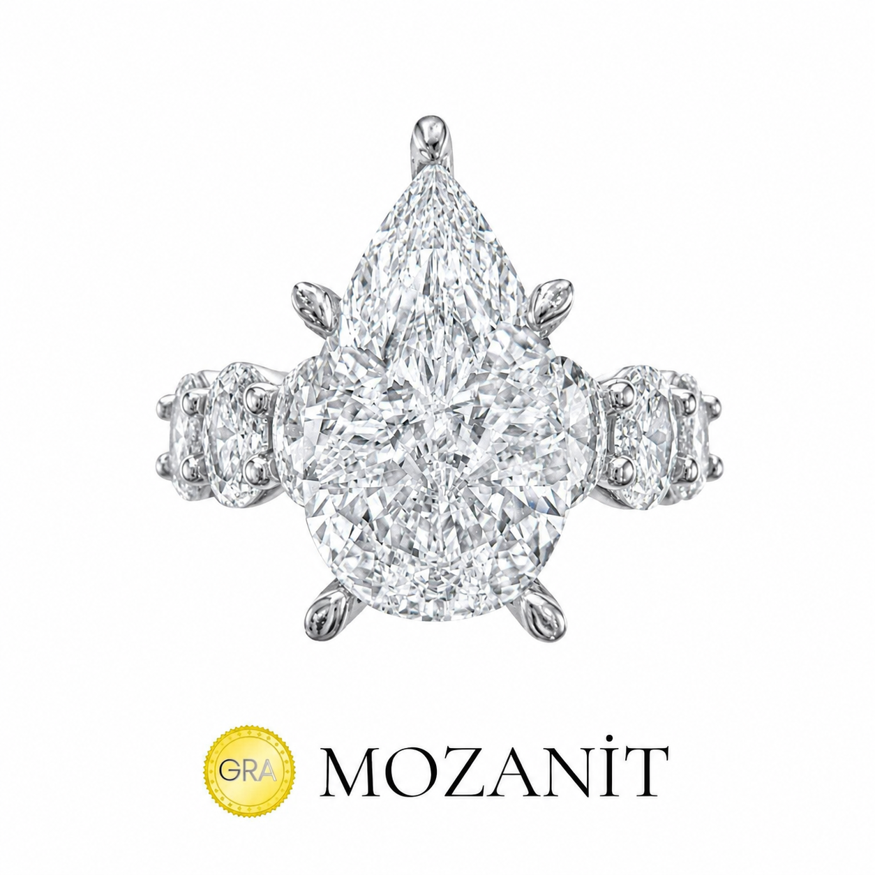Ring mit ovalem Stein und Tropfenform, aus Moissanit