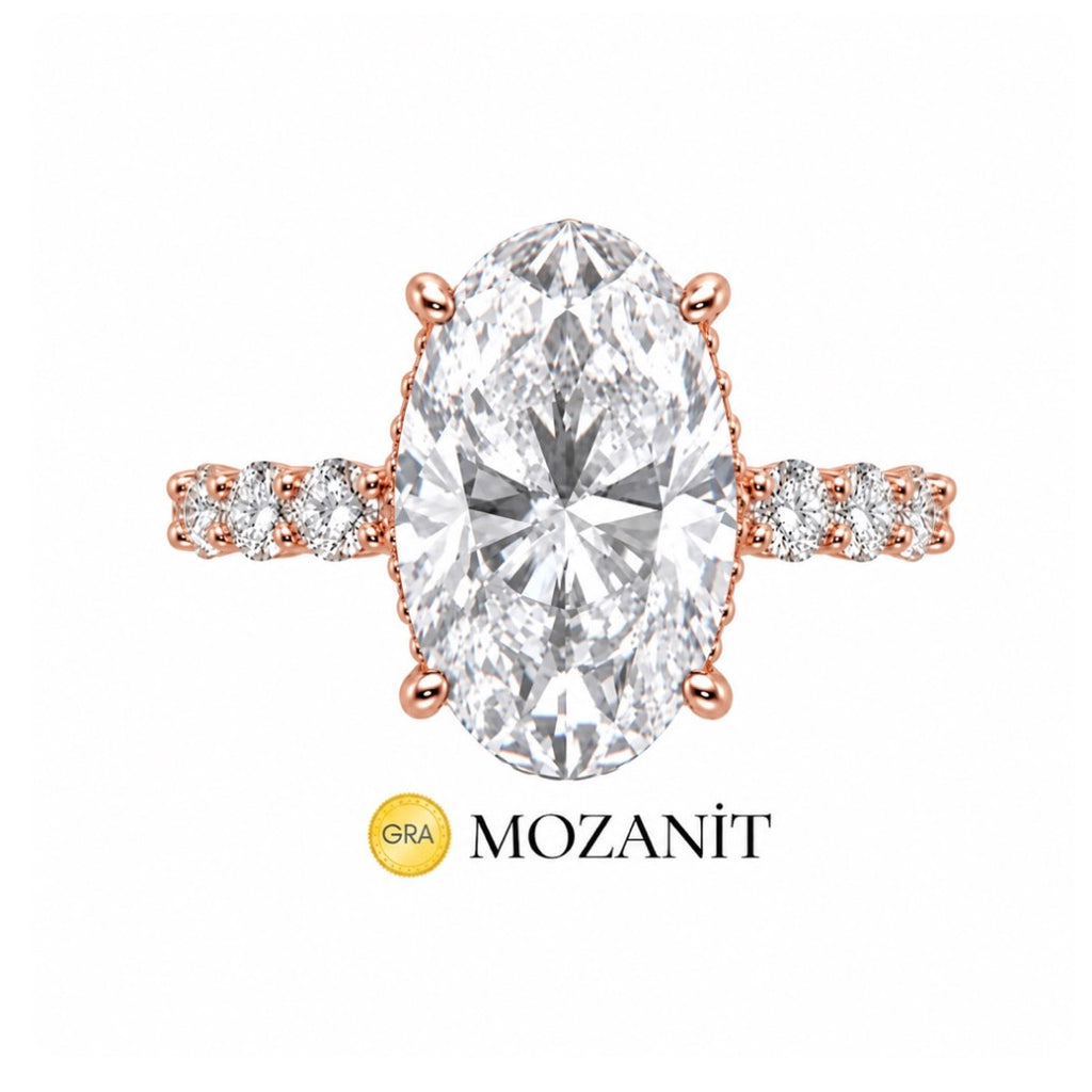 Altı Karat Taçlı Mozanit Uzun Oval Tektaş Yüzük