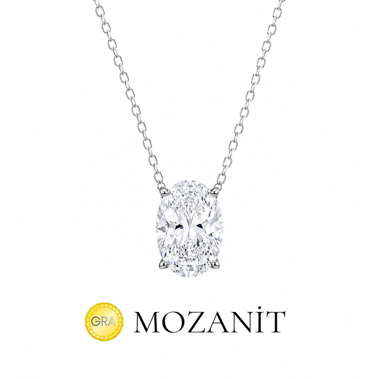 Taşlı Montür Mozanit Oval Kolye