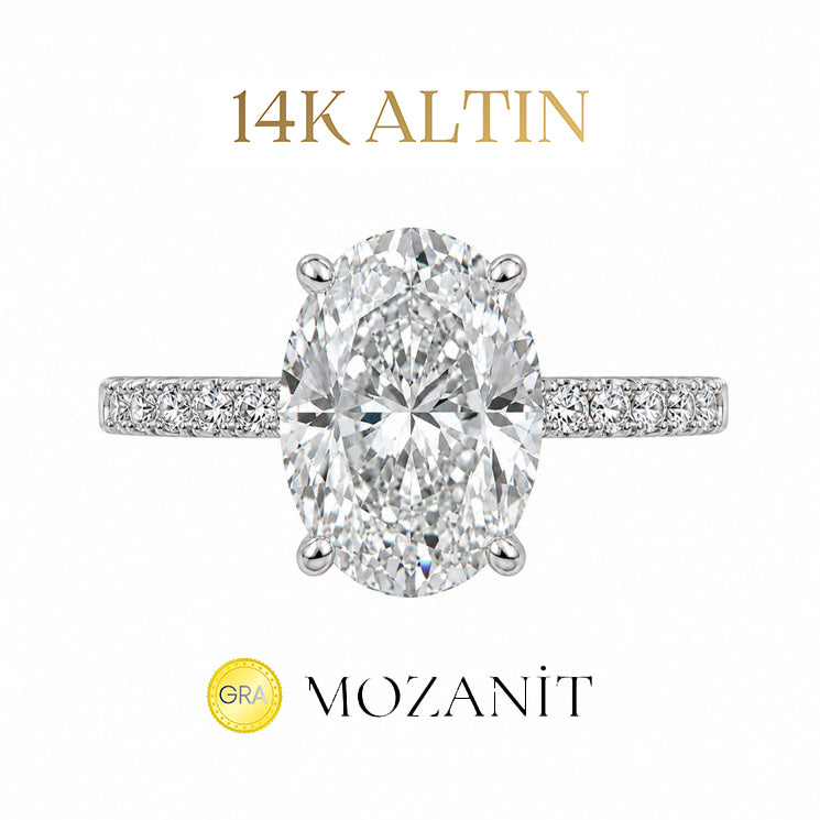14K Üç Buçuk Mozanit Uzun Oval Tektaş Yüzük