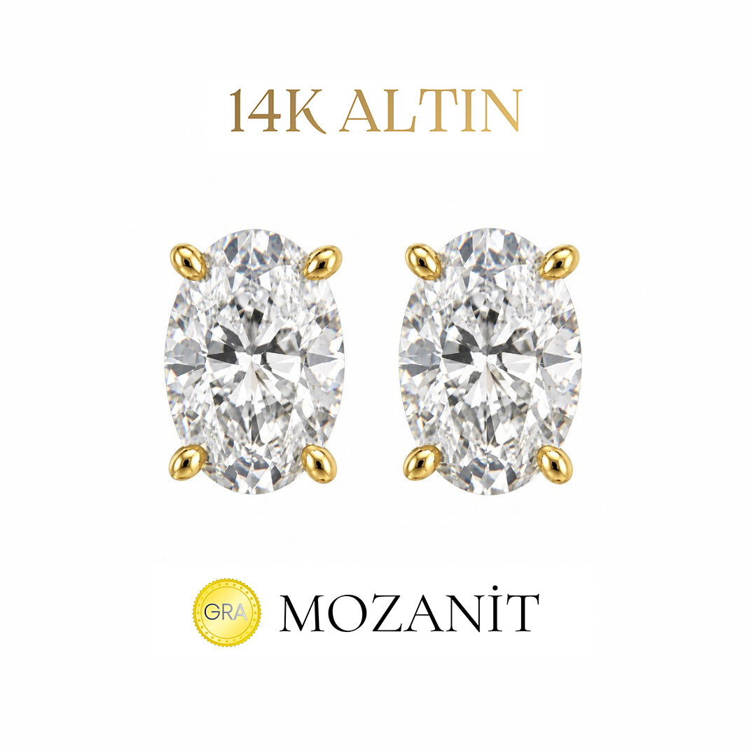 14K İki Karat Mozanit Oval Küpe
