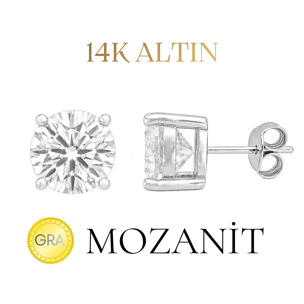 14K Mozanit 9 mm Tektaş Küpe