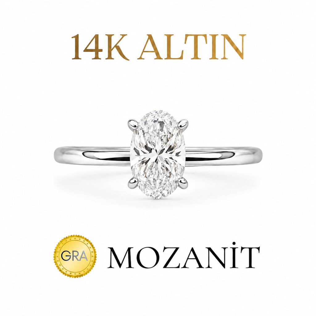 14K Bir Buçuk Karat Mozanit Oval Yüzük