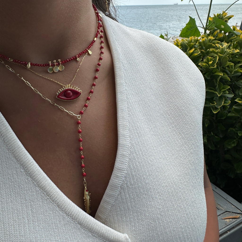 Mercan Taşlı Balık Detay Y Kolye