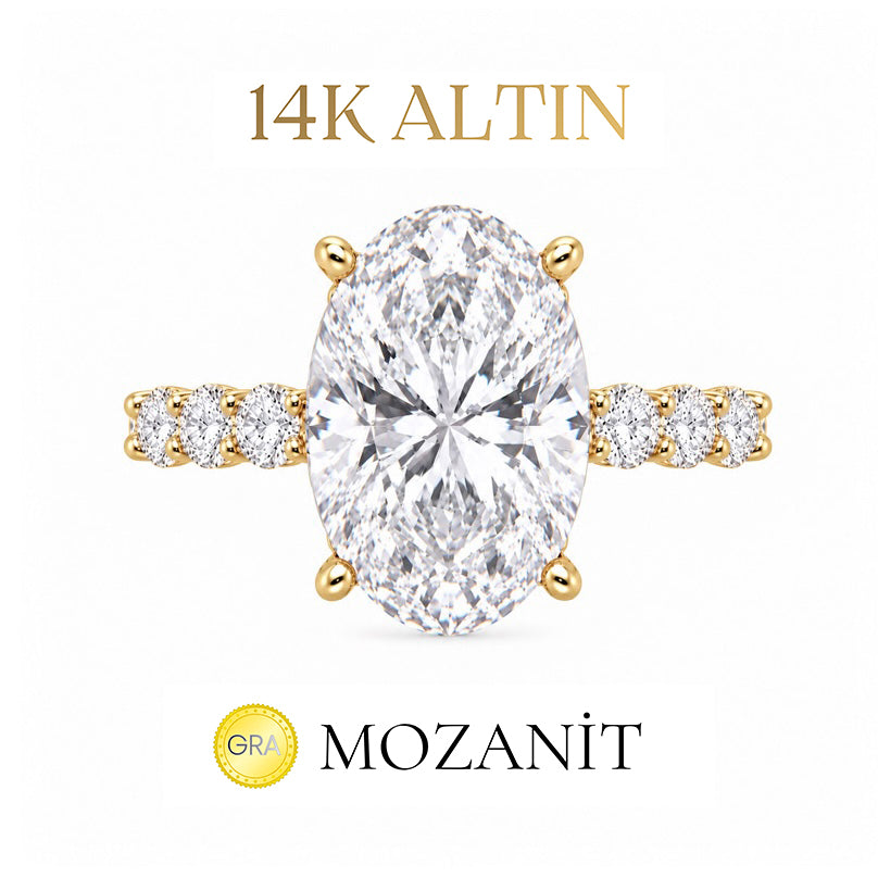 14K Altı Karat Taşlı Mozanit Uzun Oval Tamtur Yüzük