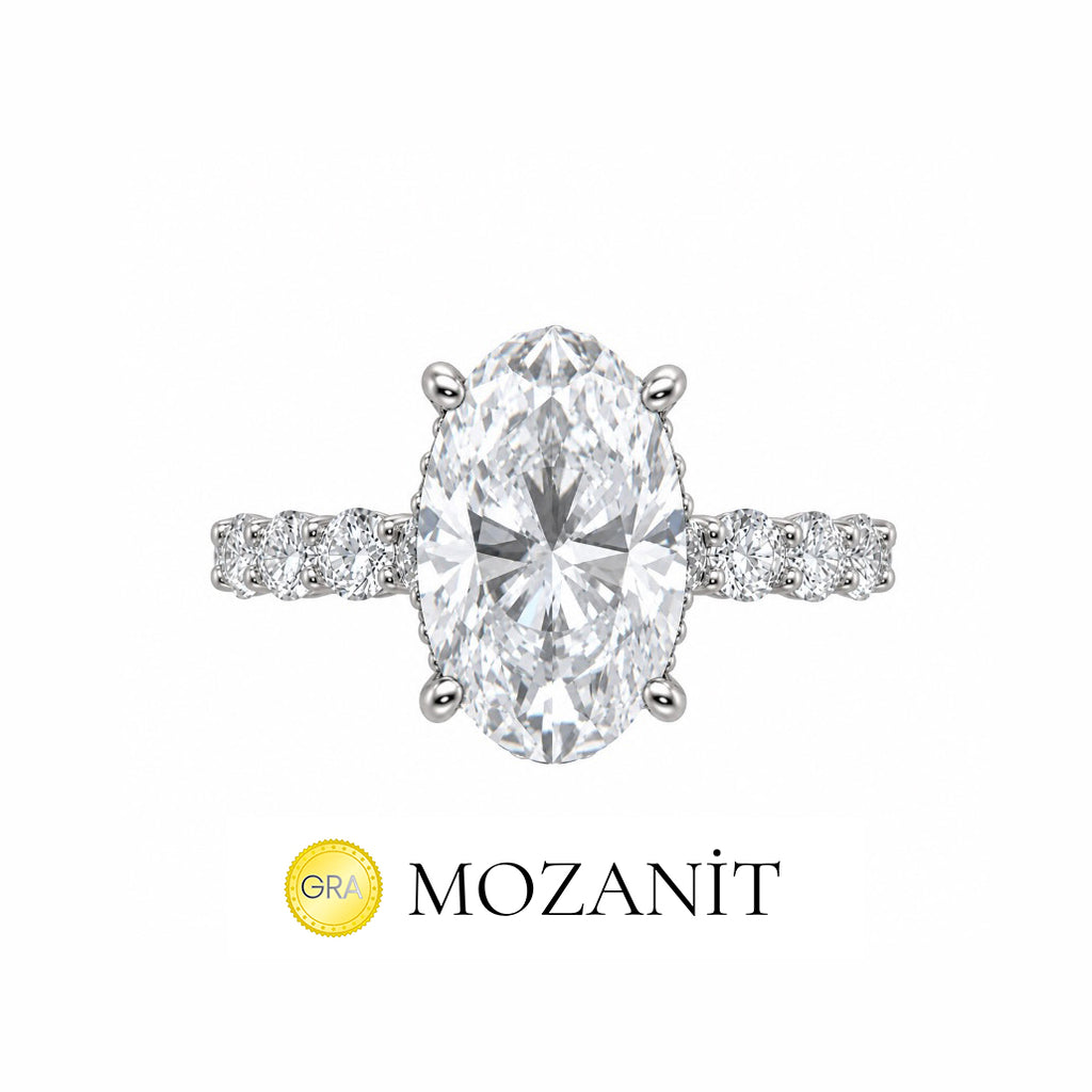 Altı Karat Taçlı Mozanit Uzun Oval Tektaş Yüzük