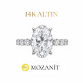 14K Altı Karat Taçlı Mozanit Uzun Oval Tektaş Yüzük