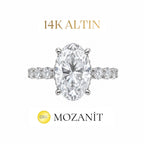 14K Altı Karat Taçlı Mozanit Uzun Oval Tektaş Yüzük