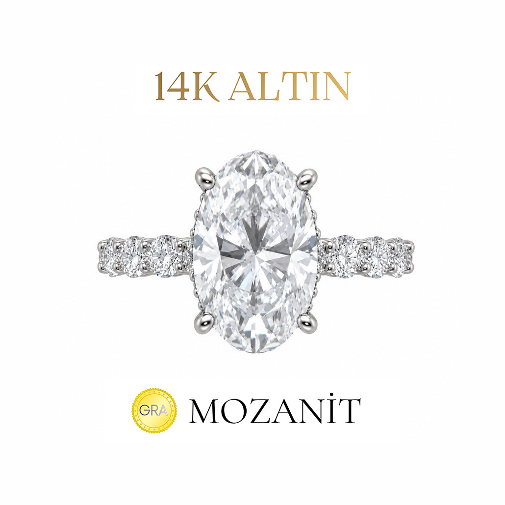 14K Altı Karat Taçlı Mozanit Uzun Oval Tektaş Yüzük