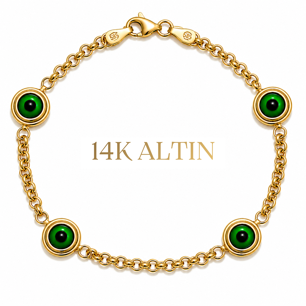 14K Dörtlü Yeşil Nazar Hollow Bileklik