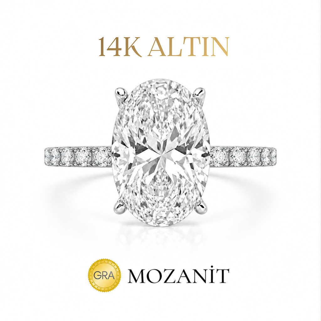 14K Üç Buçuk Karat Mozanit Uzun Oval Tektaş Yüzük