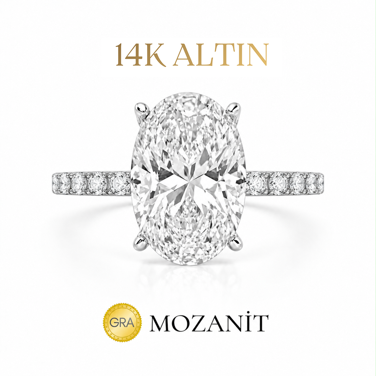 14K Üç Buçuk Karat Mozanit Uzun Oval Tektaş Yüzük