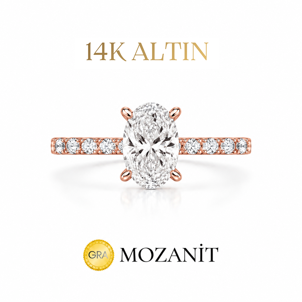 14K Bir Buçuk Karat Mozanit Uzun Oval Tektaş Yüzük