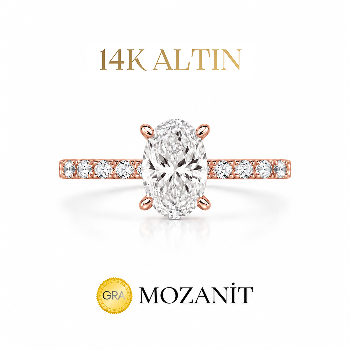 14K Bir Buçuk Karat Mozanit Uzun Oval Tektaş Yüzük