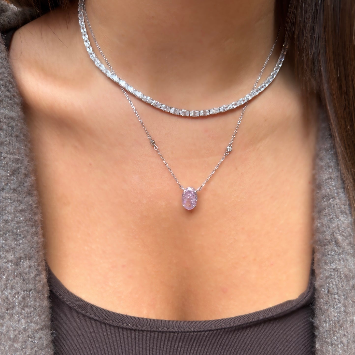 Pembe Ice Cut Taşlı Oval Kesim Kolye