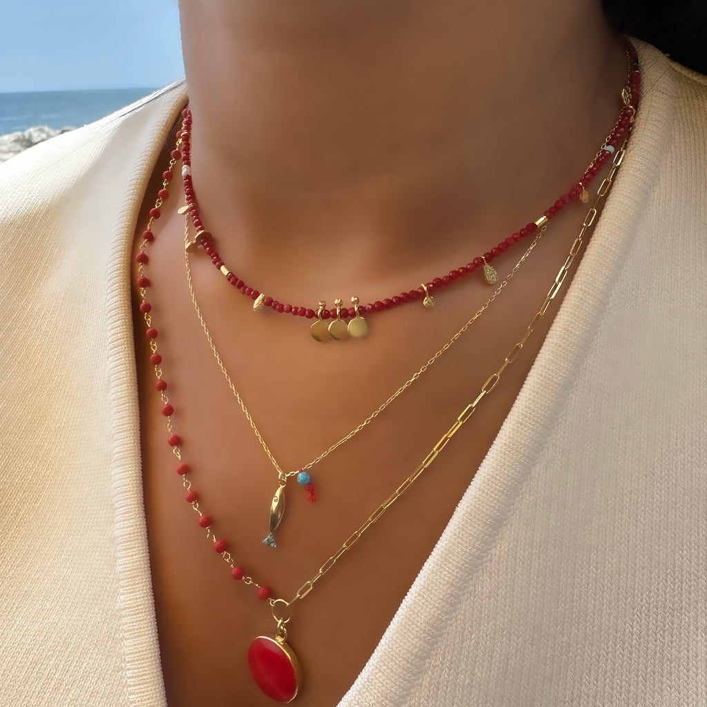 Mercan Taşlı Zincir Detaylı Hayat Ağacı Kolye