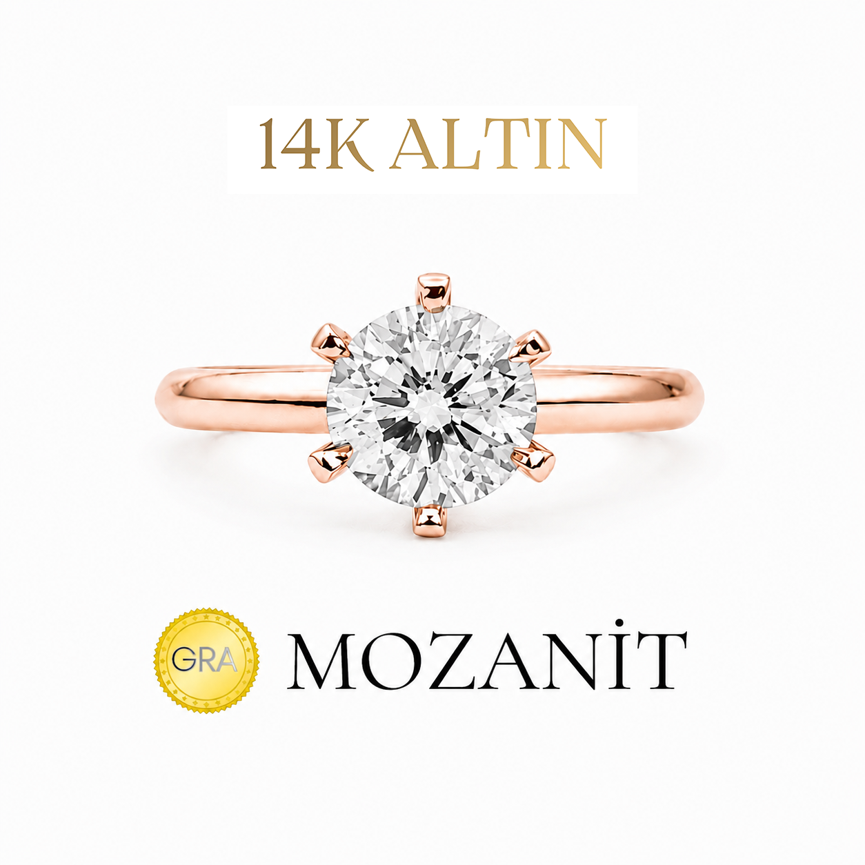 14K Bir Karat Altı Tırnak Mozanit Tektaş Yüzük