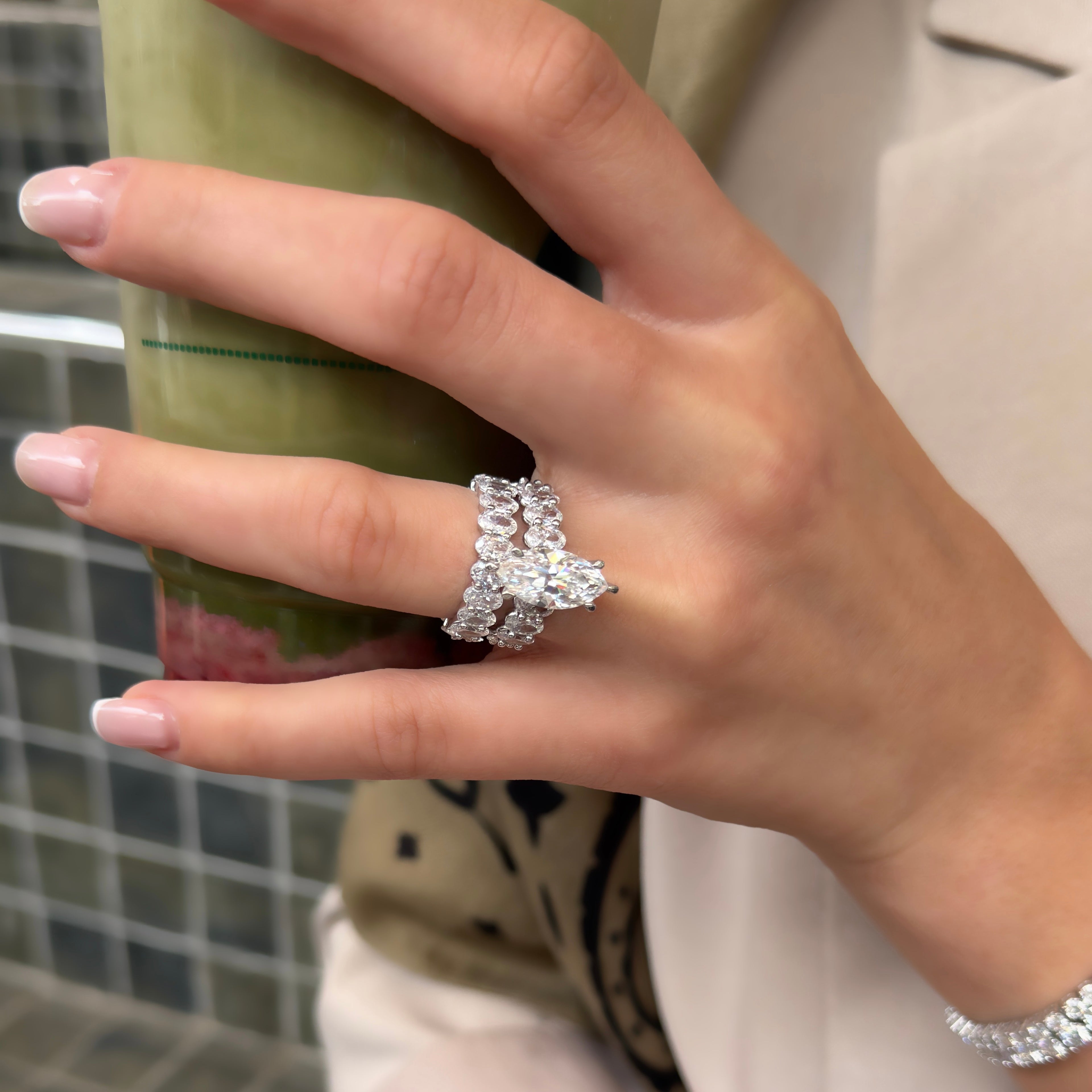 Marquise Moissanite Ring with Oval Stone Arm