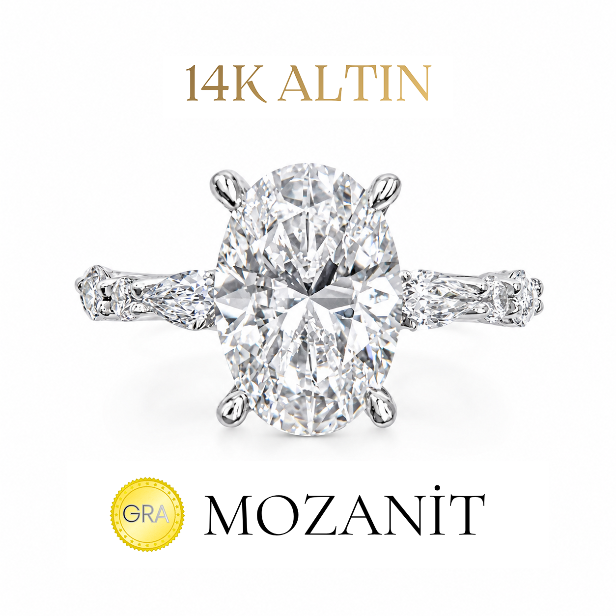14K İki Karat Mozanit Markiz Taşlı Oval Tektaş Yüzük