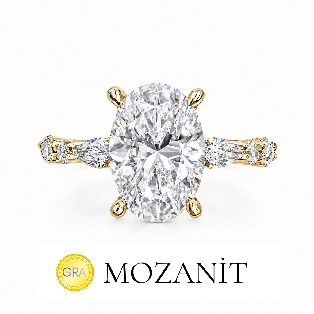 İki Karat Mozanit Markiz Taşlı Oval Tektaş Yüzük