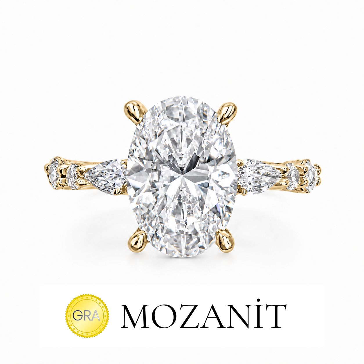 İki Karat Mozanit Markiz Taşlı Oval Tektaş Yüzük