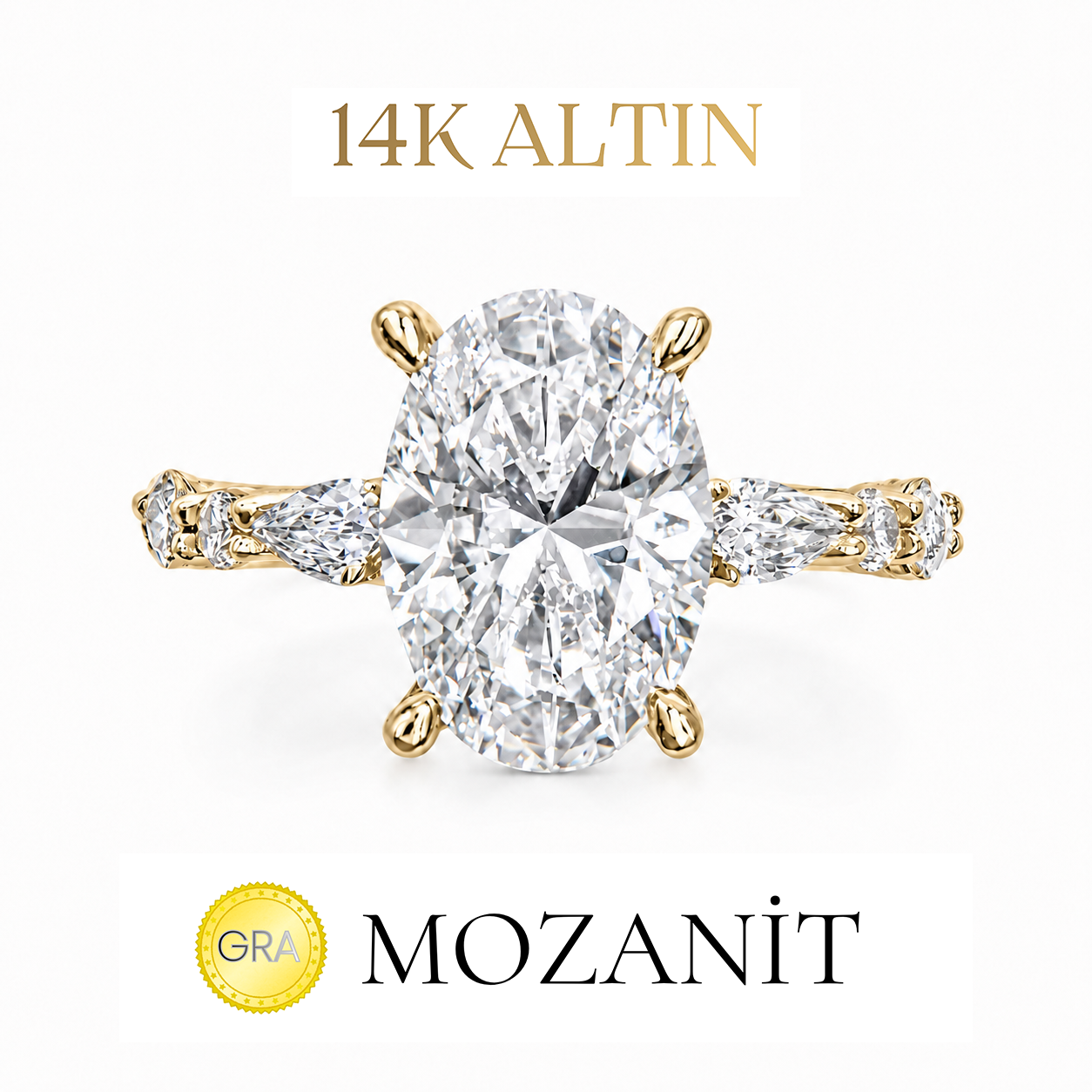 14K İki Karat Mozanit Markiz Taşlı Oval Tektaş Yüzük