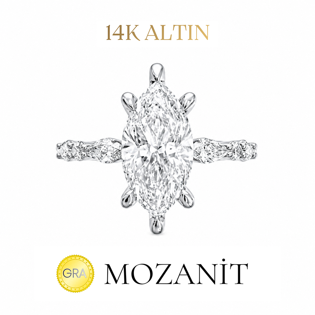 14K İki Karat Mozanit Markiz Taşlı Markiz Tektaş Yüzük