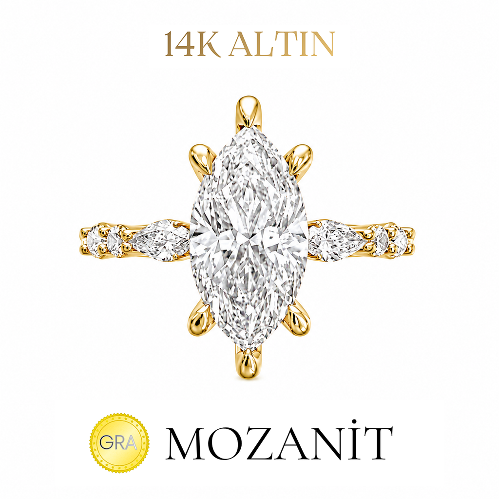 14K İki Karat Mozanit Markiz Taşlı Markiz Tektaş Yüzük