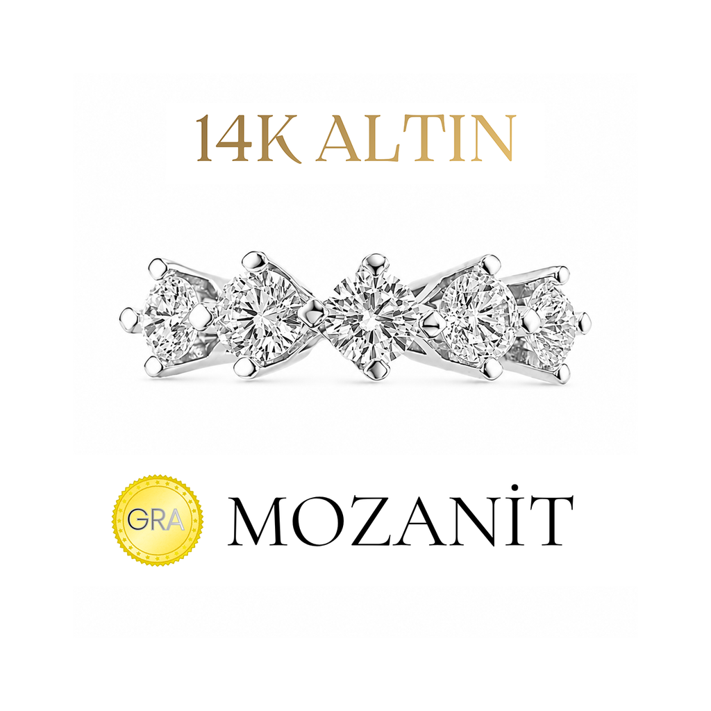 14K İki Karat Mozanit Beştaş Yüzük