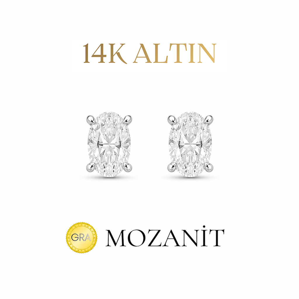14K Bir Karat Mozanit Oval Küpe