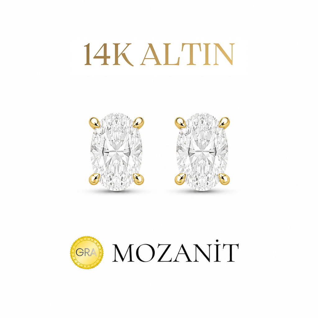 14K Bir Karat Mozanit Oval Küpe