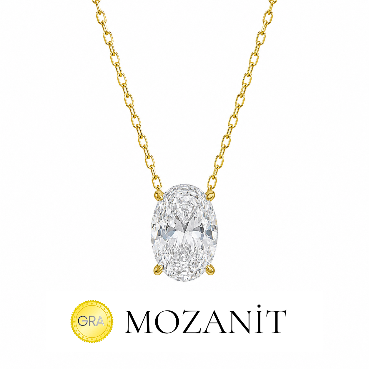Taşlı Montür Mozanit Oval Kolye