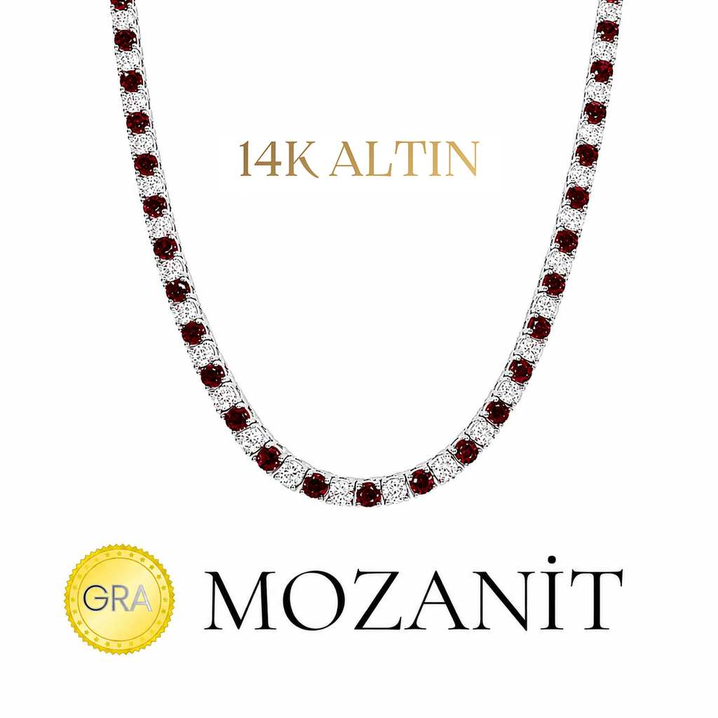14K Üç mm Bordo Taşlı Mozanit Suyolu Kolye