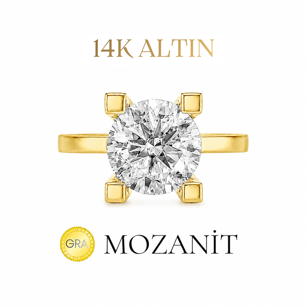14K İki Karat Mozanit Tektaş Yüzük
