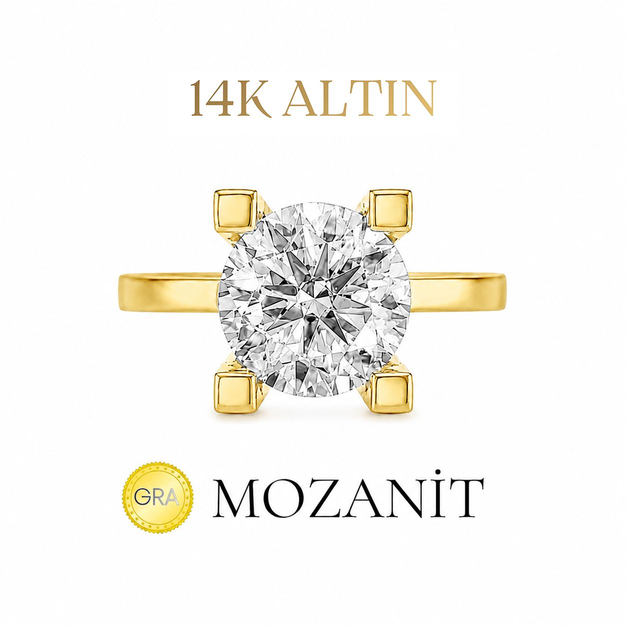14K İki Karat Mozanit Tektaş Yüzük
