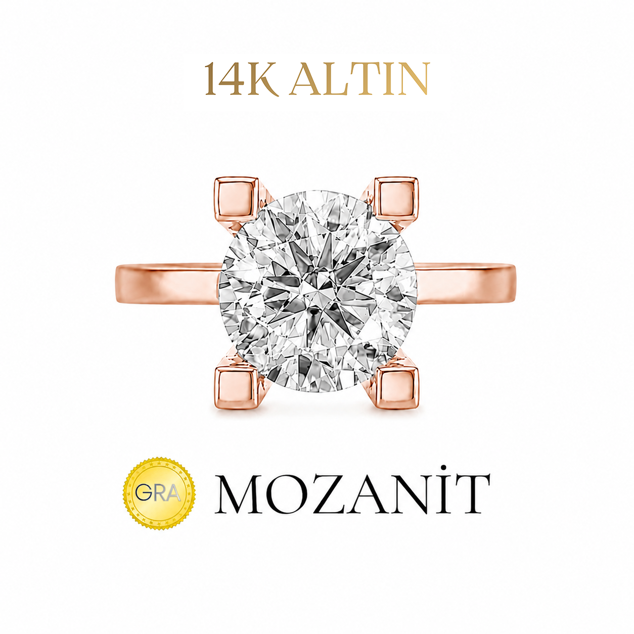 14K İki Karat Mozanit Tektaş Yüzük
