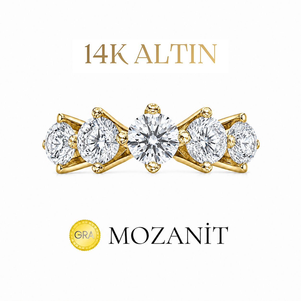 14K Dreikaräter Moissanit Fünfsteinring