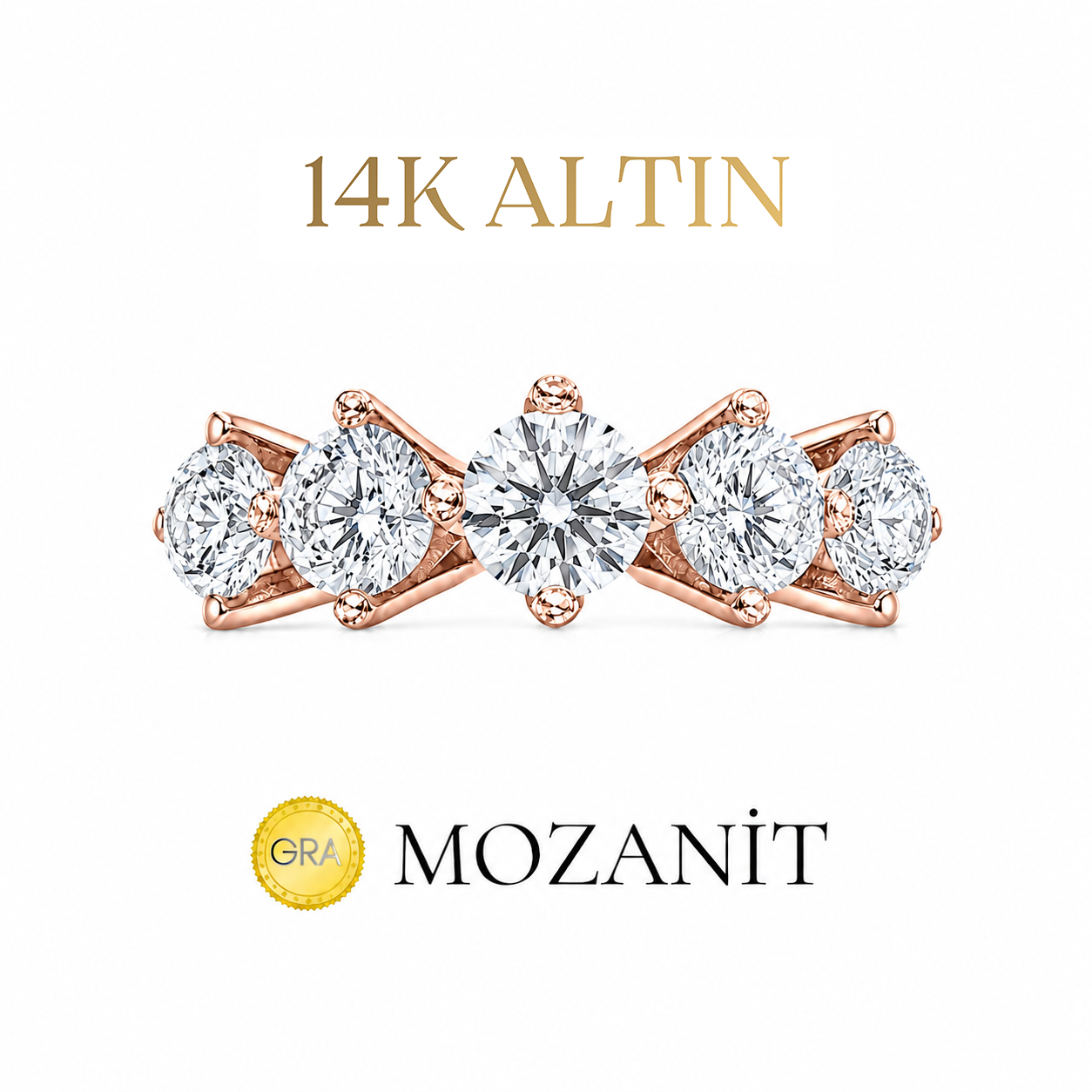 14K Dreikaräter Moissanit Fünfsteinring