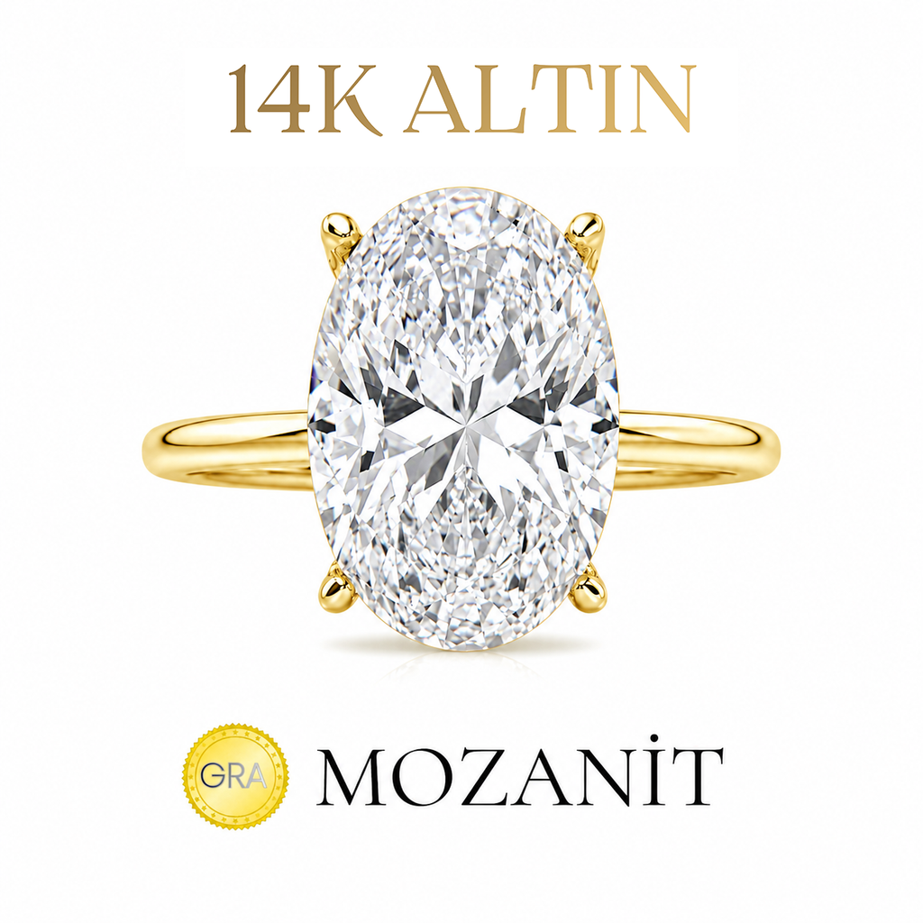14K Mozanit Taşlı Uzun Oval Tektaş Yüzük
