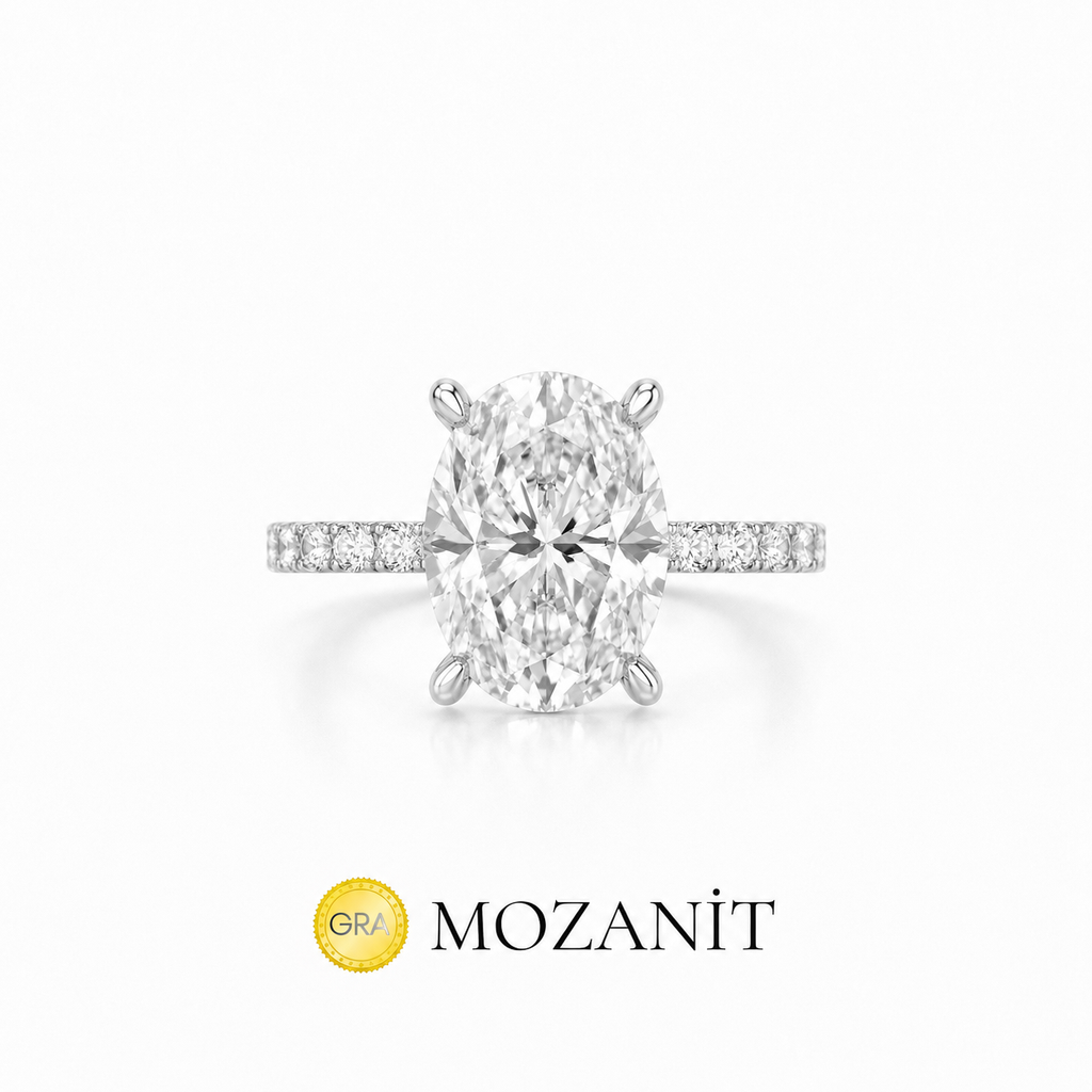 İki Karat Mozanit Uzun Oval Tektaş Yüzük