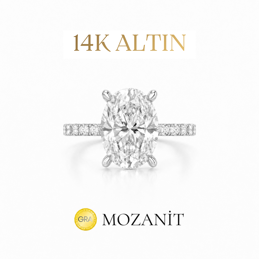 14K İki Karat Mozanit Uzun Oval Tektaş Yüzük