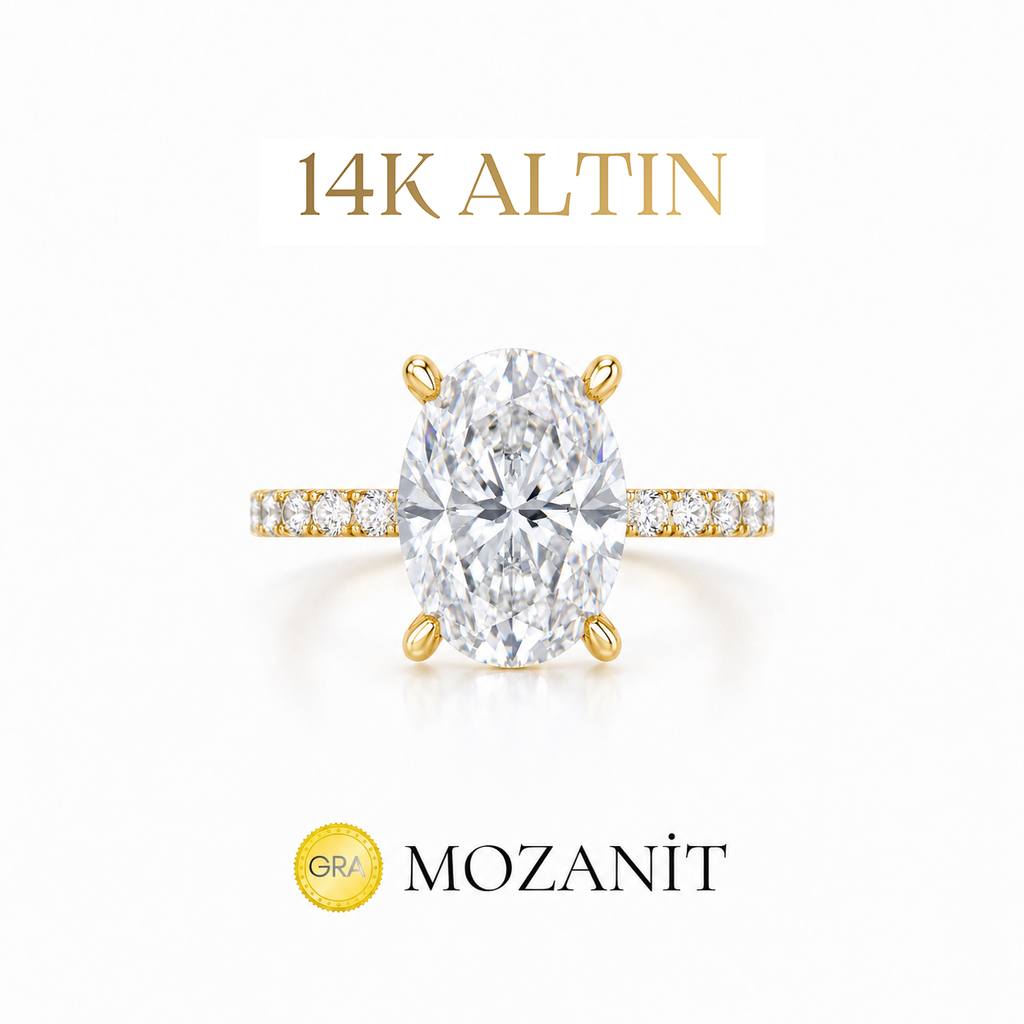 14K İki Karat Mozanit Uzun Oval Tektaş Yüzük