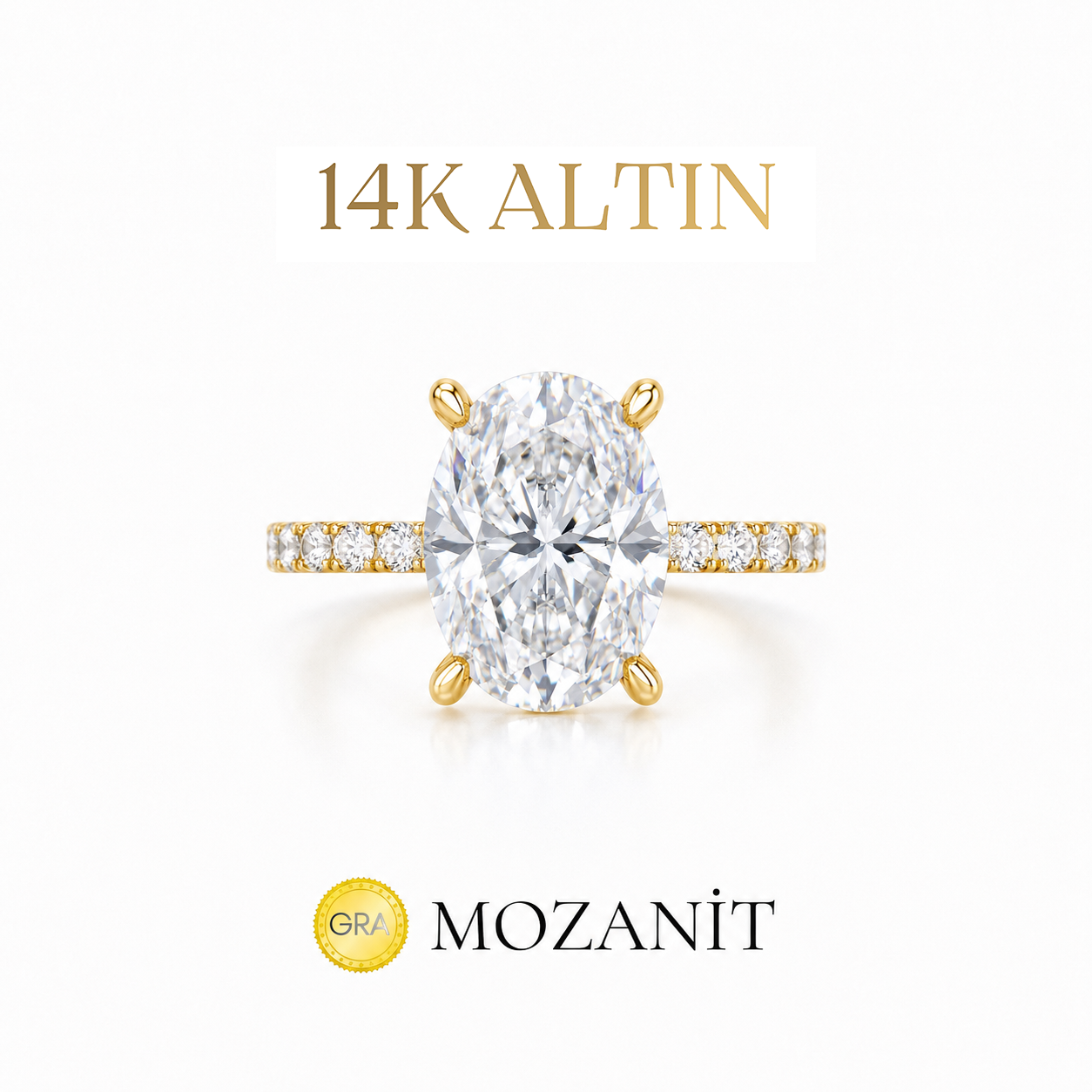 14K İki Karat Mozanit Uzun Oval Tektaş Yüzük